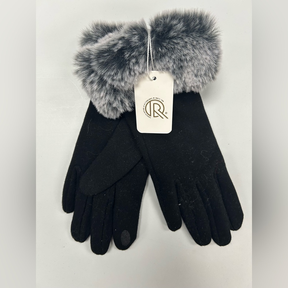 Black and Grey Faux Fur Trim Touchscreen Gloves